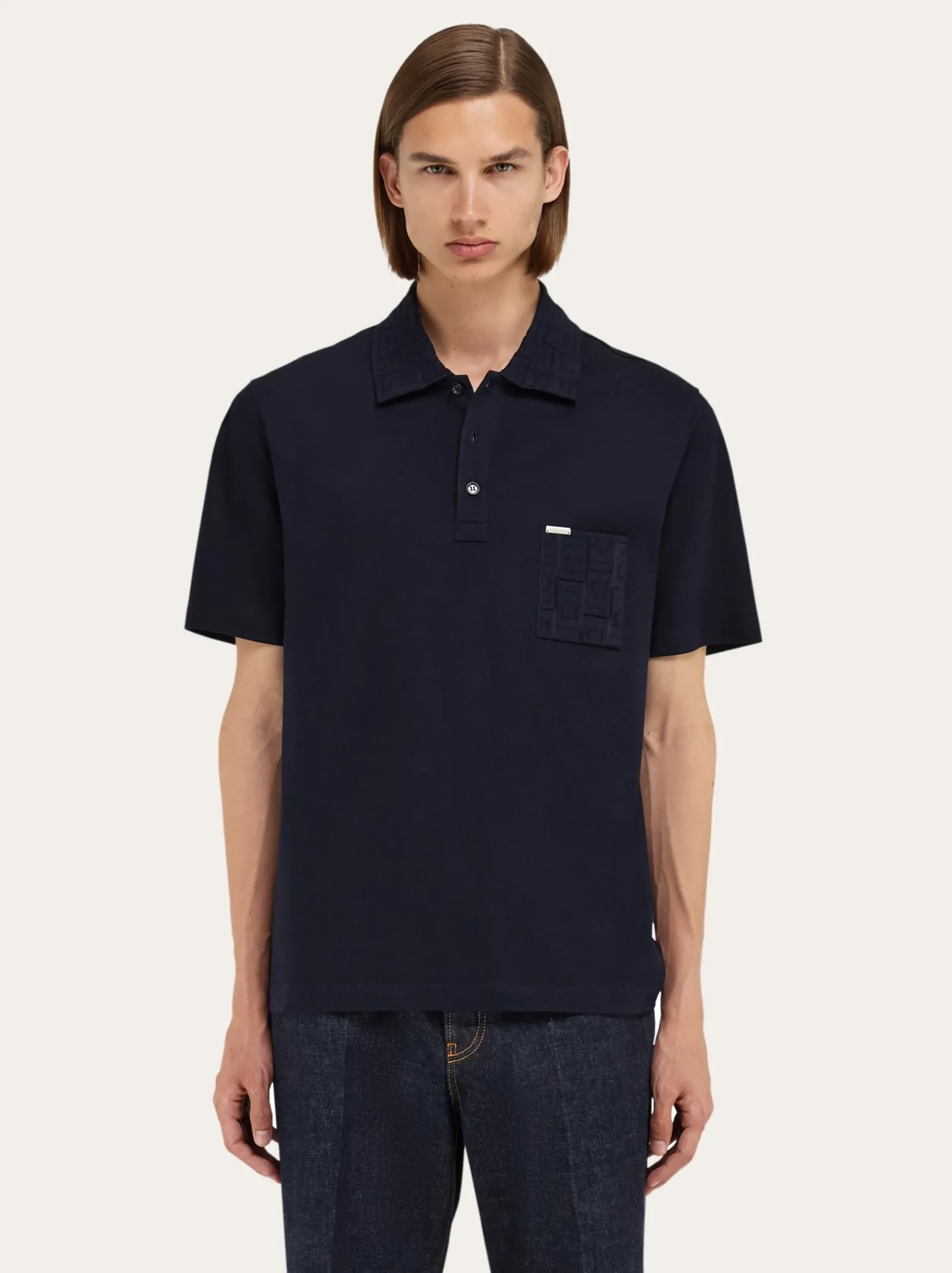 V-neck polo with jacquard pocket detail - Men